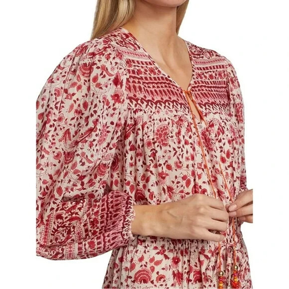 Alicia Bell Paisley Floral Tiered Peasant Dress Size Small Beaded Tassels Boho - Picture 4 of 13